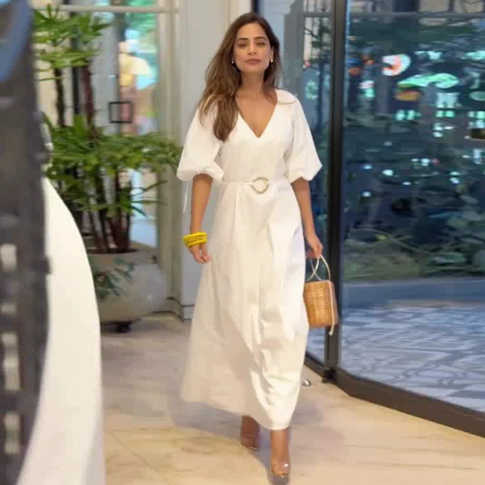 Forever 21 Summer Puff Sleeve White Simple Fitted Waist Dress